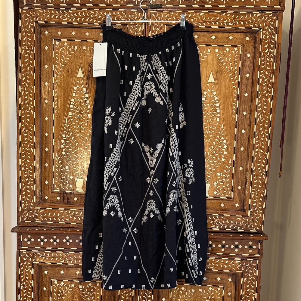 Johnny Was Black Maxi Skirt with White Embroidery